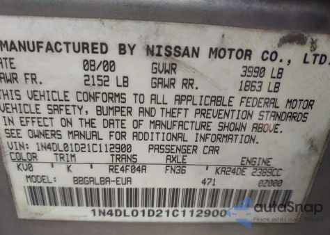 2001 Nissan Altima Gxe from USA, damaged, VIN 1N4DL01D21C112900